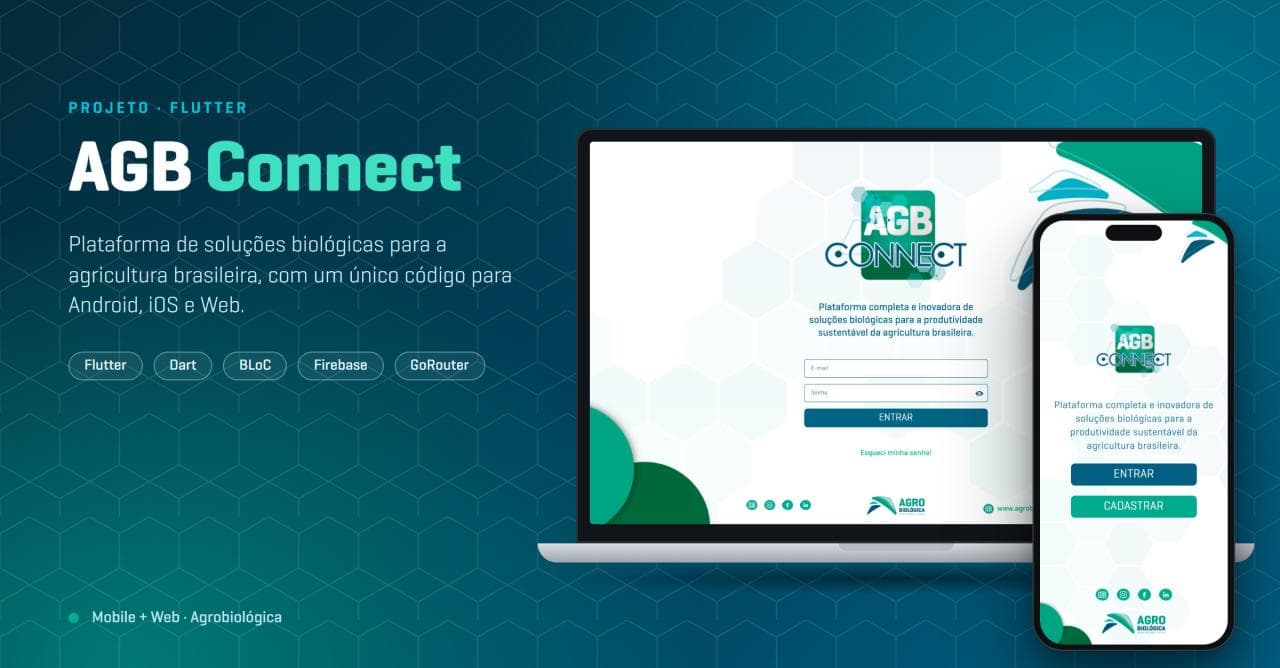 Tela de login do AGB Connect no notebook e no celular