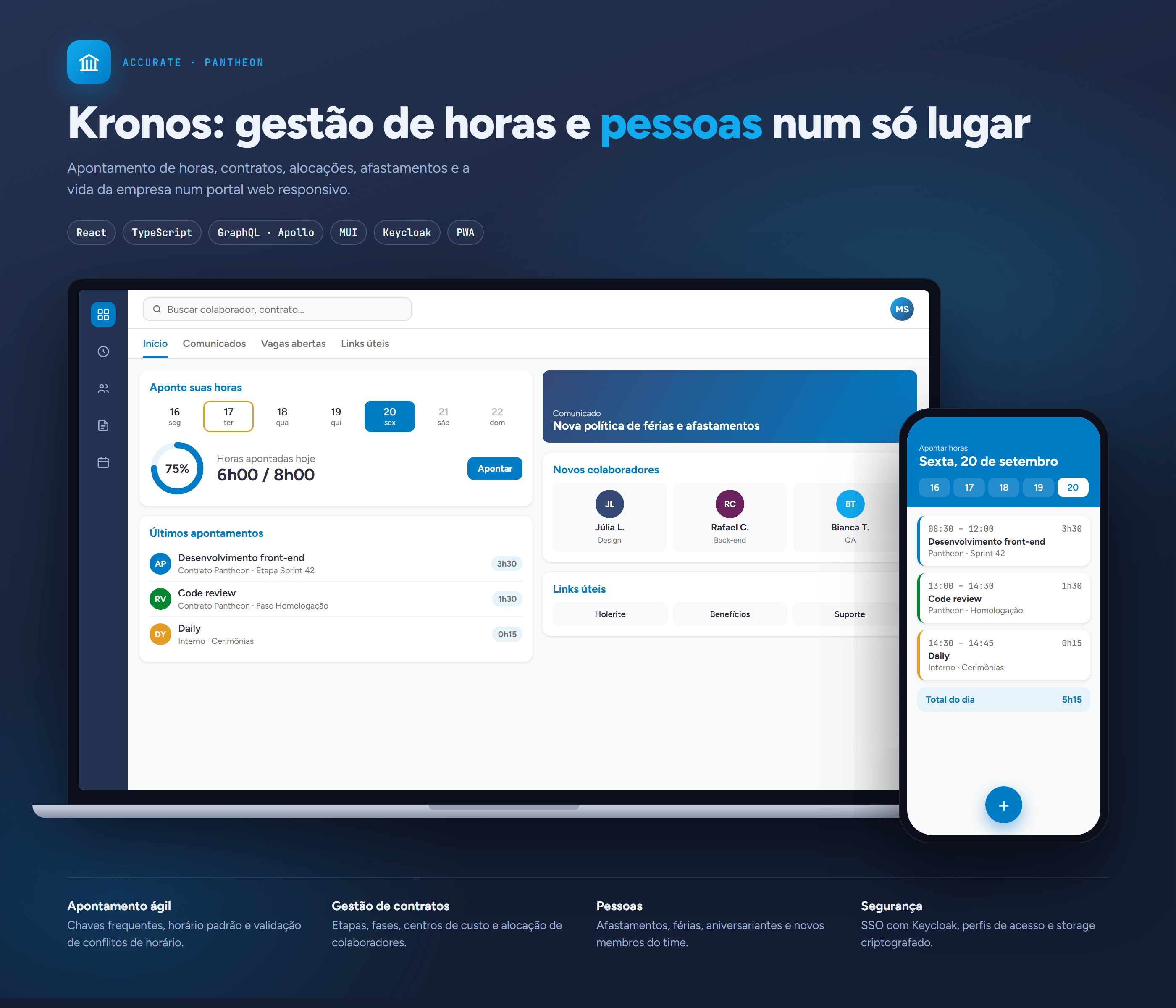 Portal Kronos de apontamento de horas no desktop e no celular