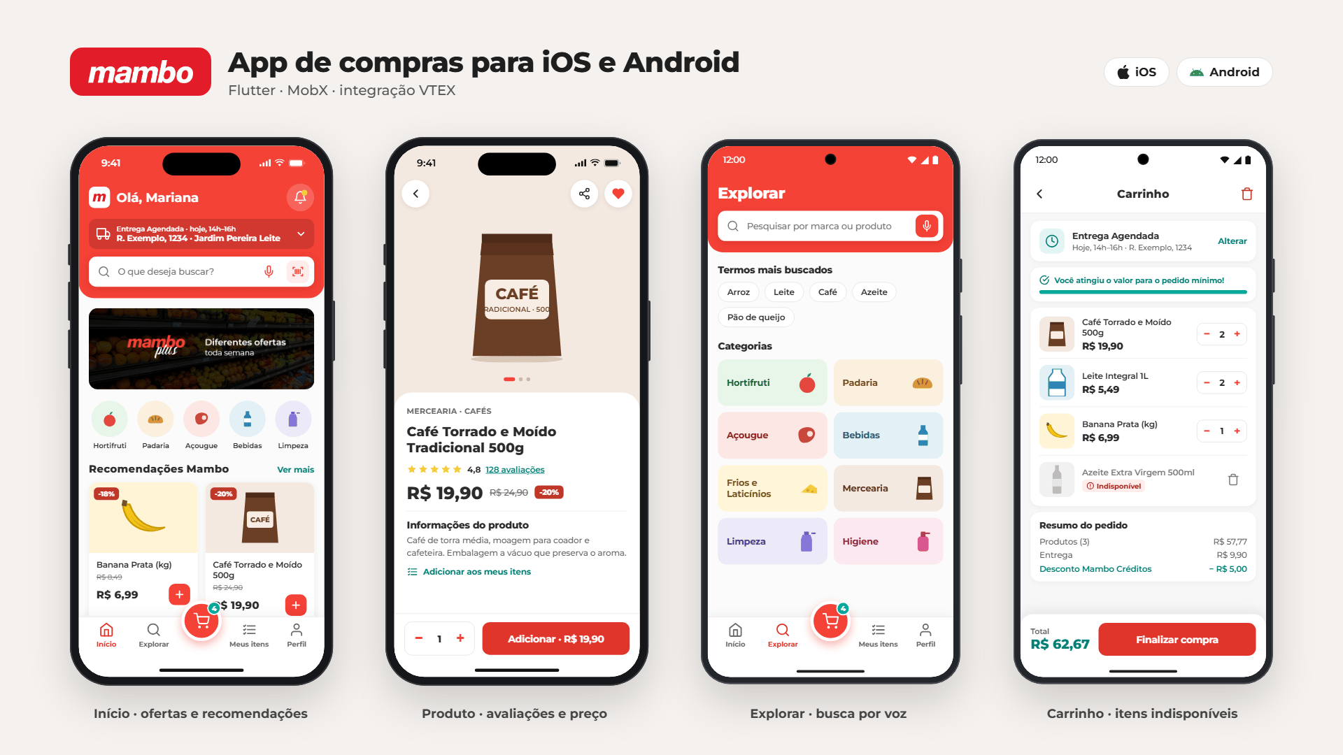 Quatro telas do app de compras Mambo: início, produto, explorar e carrinho