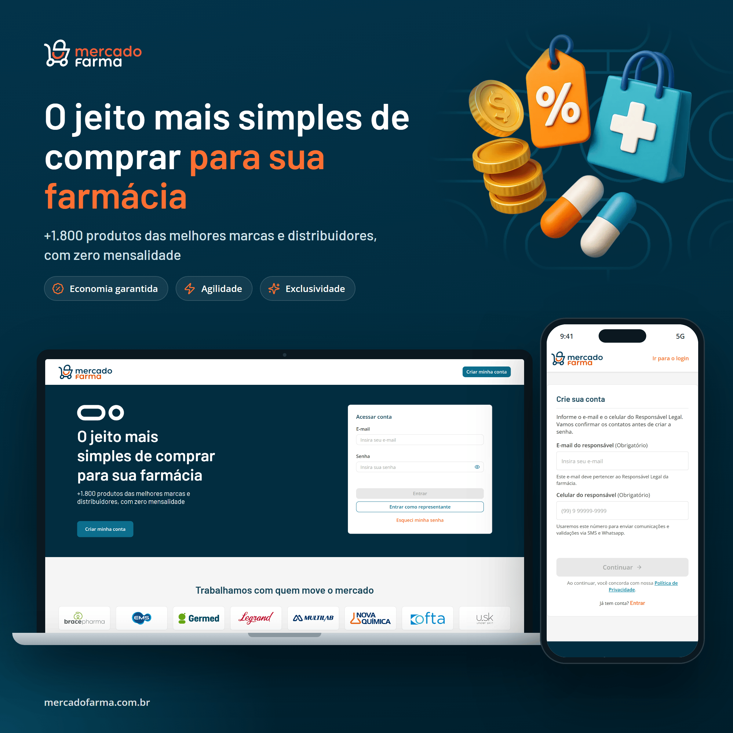 Landing page e cadastro da plataforma Mercado Farma no desktop e no celular