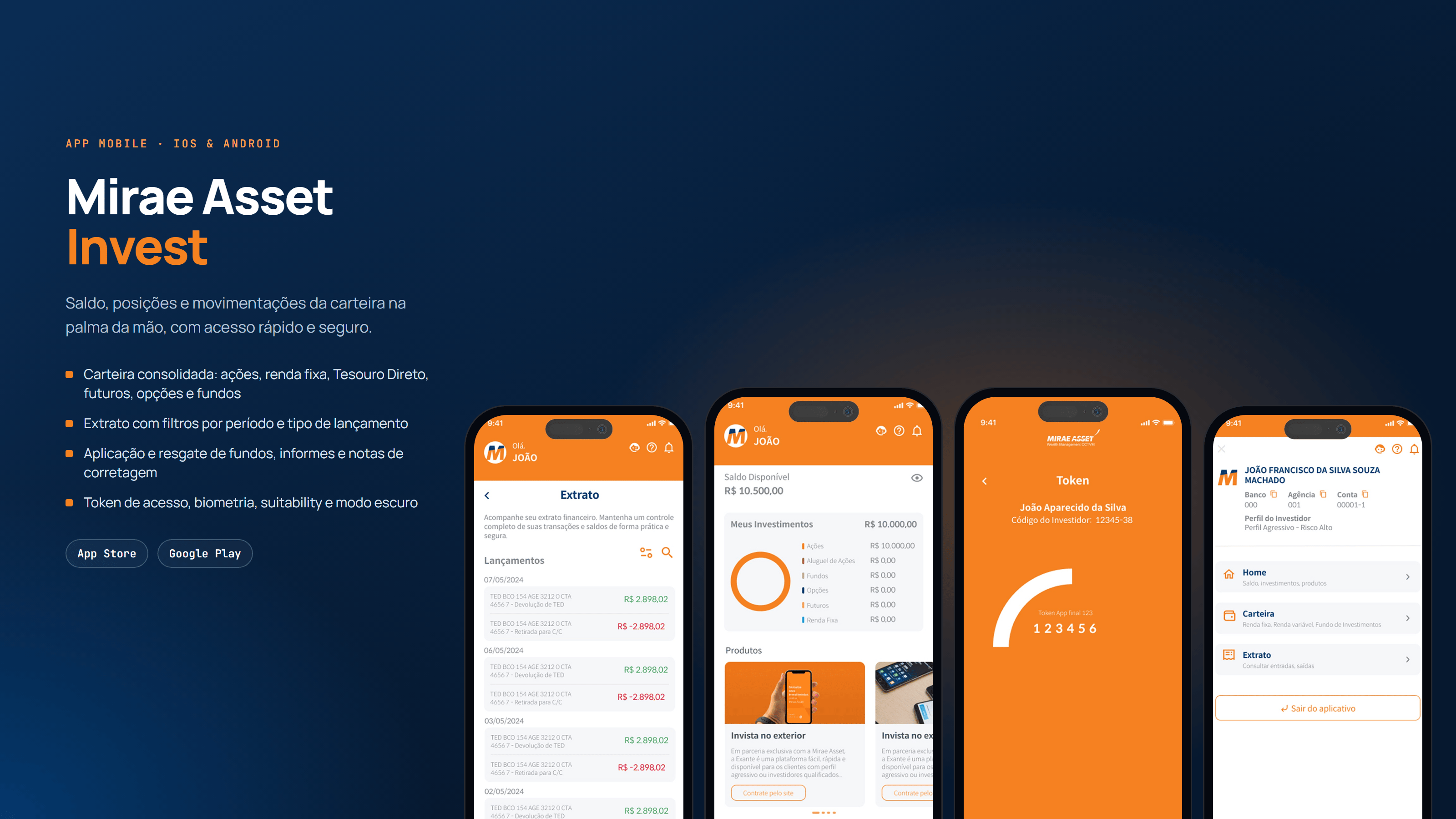 Telas do aplicativo Mirae Asset Invest: extrato, carteira, token e menu